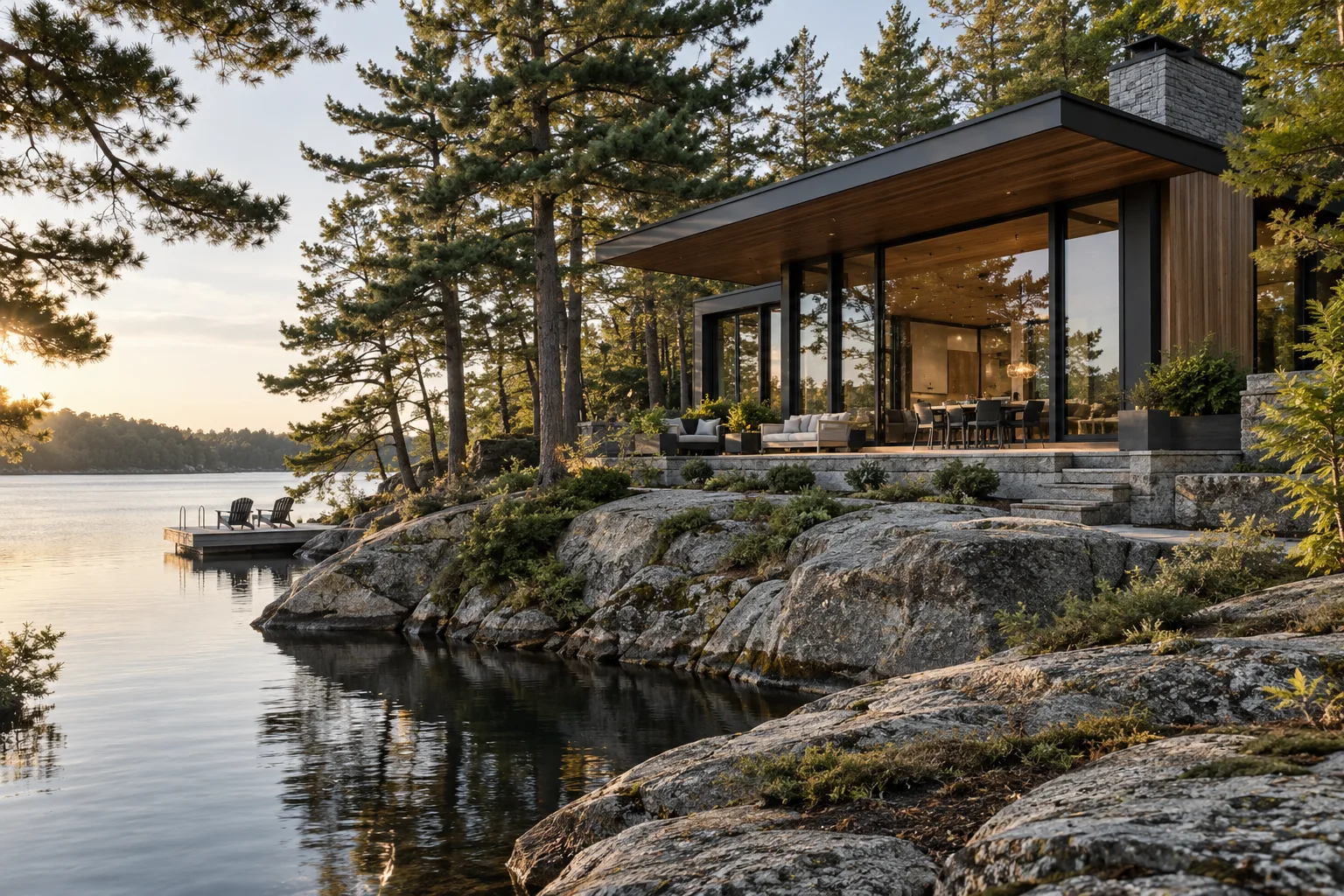 Architectural concept of a cedar and glass cottage beside a quiet lake