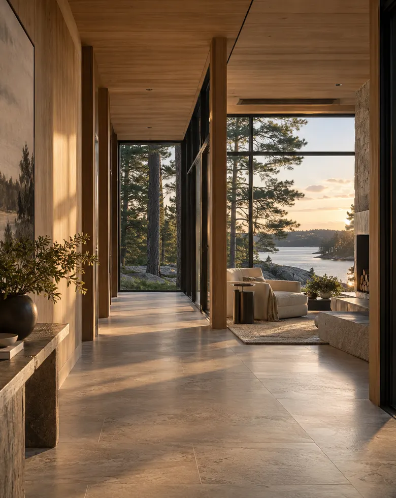 Illustrative cottage interior with oak finishes, integrated ventilation and a lake view