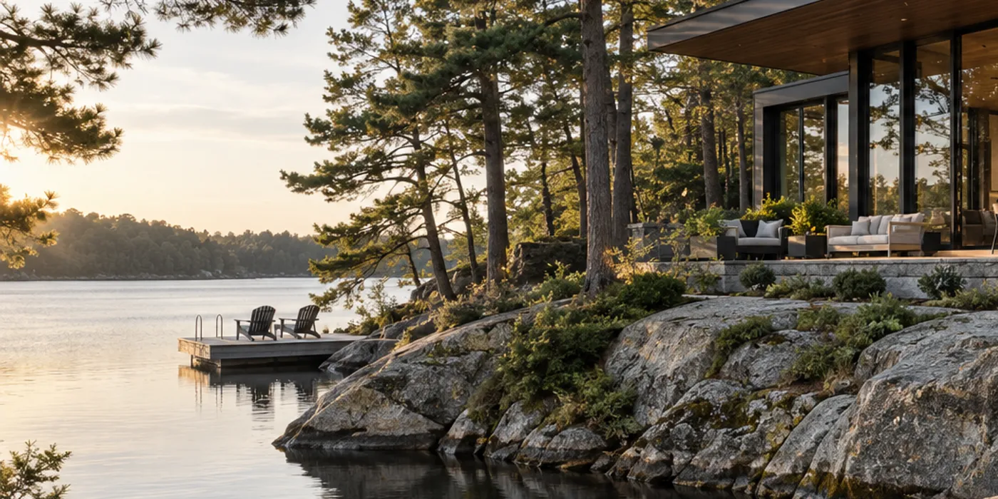 Illustrative lake landscape with granite shoreline and pine trees